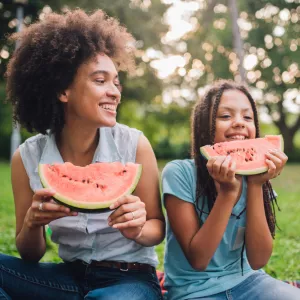 A Mother and Daughter Sit at a Picnic Enjoying Fruit